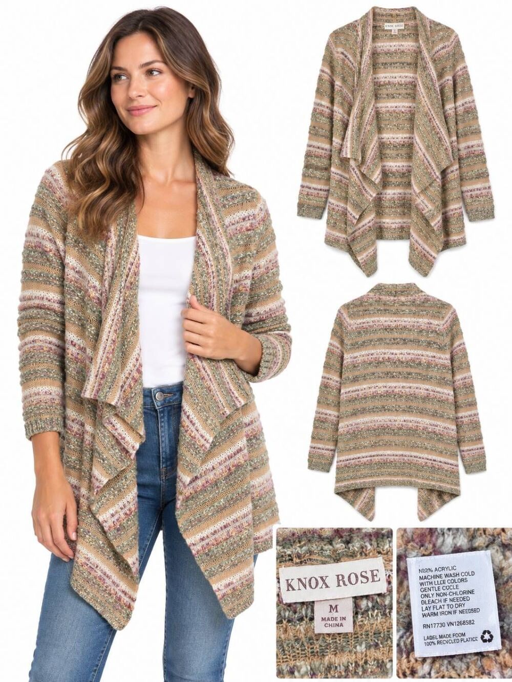 Knox Rose M Boho Striped Waterfall Open Front Cardigan